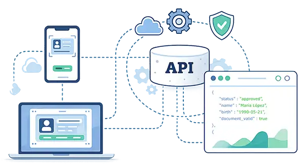 Il·lustració de la integració d’eKYC Docs mitjançant API REST i resultats en temps real