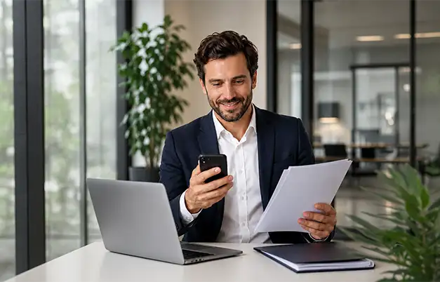 Professionnel gérant des documents électroniques depuis un mobile dans un bureau