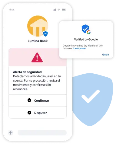 Mensaje de mensajeria RCS con remitente verificado e insignia oficial de marca autenticada