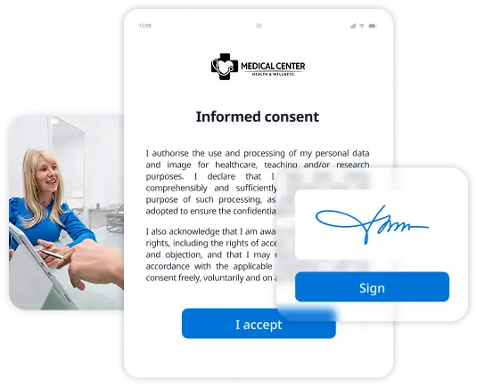 Digital informed consent executed by a patient via mobile device.
